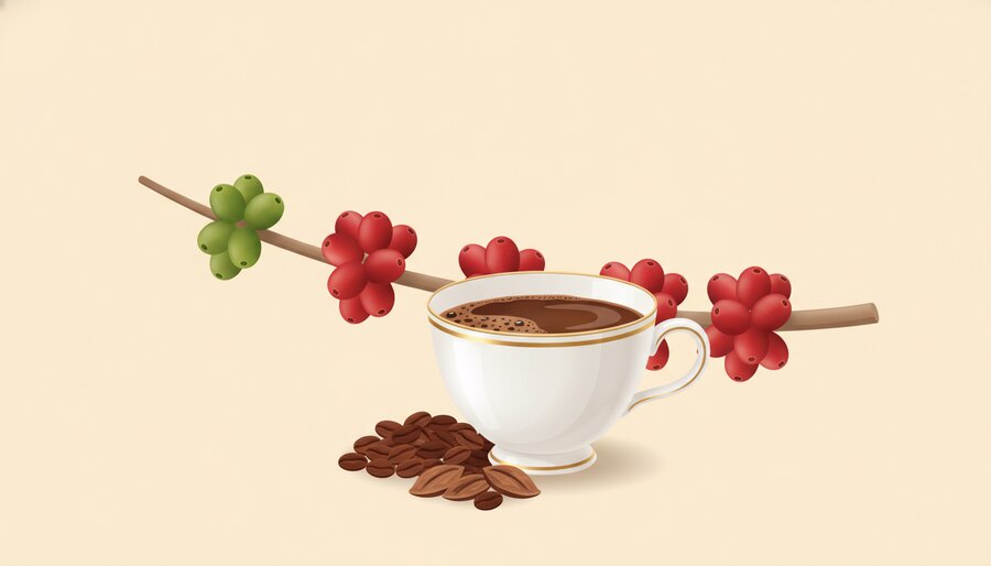 Xícara de café premium ao lado de ramo com cerejas vermelhas maduras
