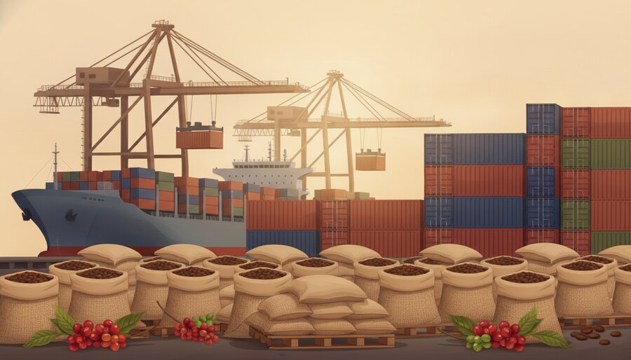 Porto de exportação de café com contêineres e sacas no cais