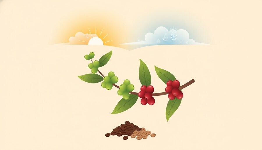 Ramo de café entre sol e nuvem de geada, o clima como fator de preço