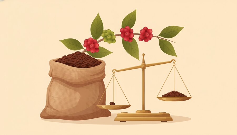 Saca de café de 60 kg, balança e ramo com cerejas vermelhas e verdes